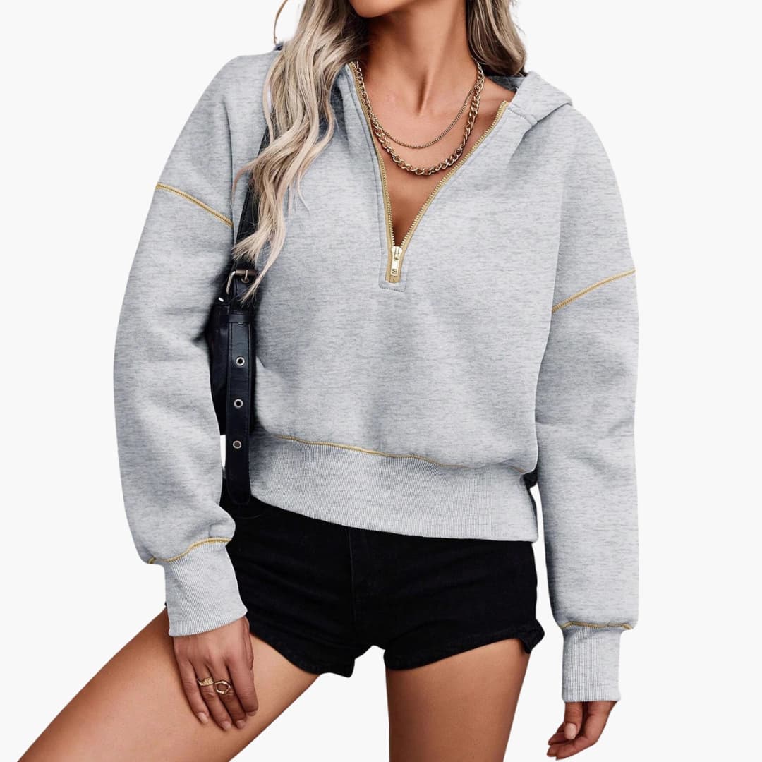 Damen Hoodie mit halbem Reißverschluss und geripptem Saum
