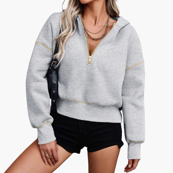 Damen Hoodie mit halbem Reißverschluss und geripptem Saum