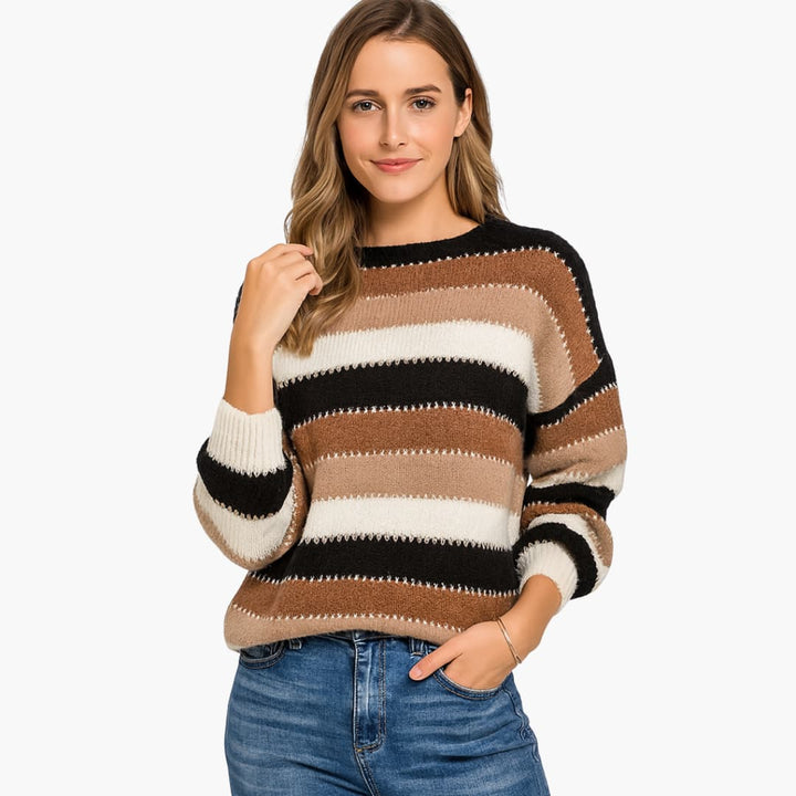 Damen pullover mit Rundhalsausschnitt und gestreifter Oberfläche