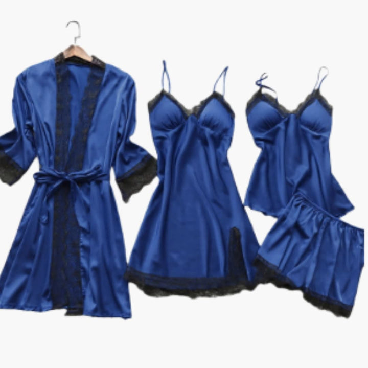 Damen Satin Schlafanzug Set mit Morgenmantel und Spitzendetails