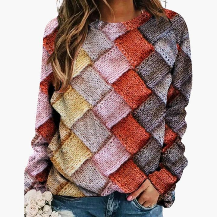 Damen pullover mit buntem Patchwork und Rundhalsausschnitt
