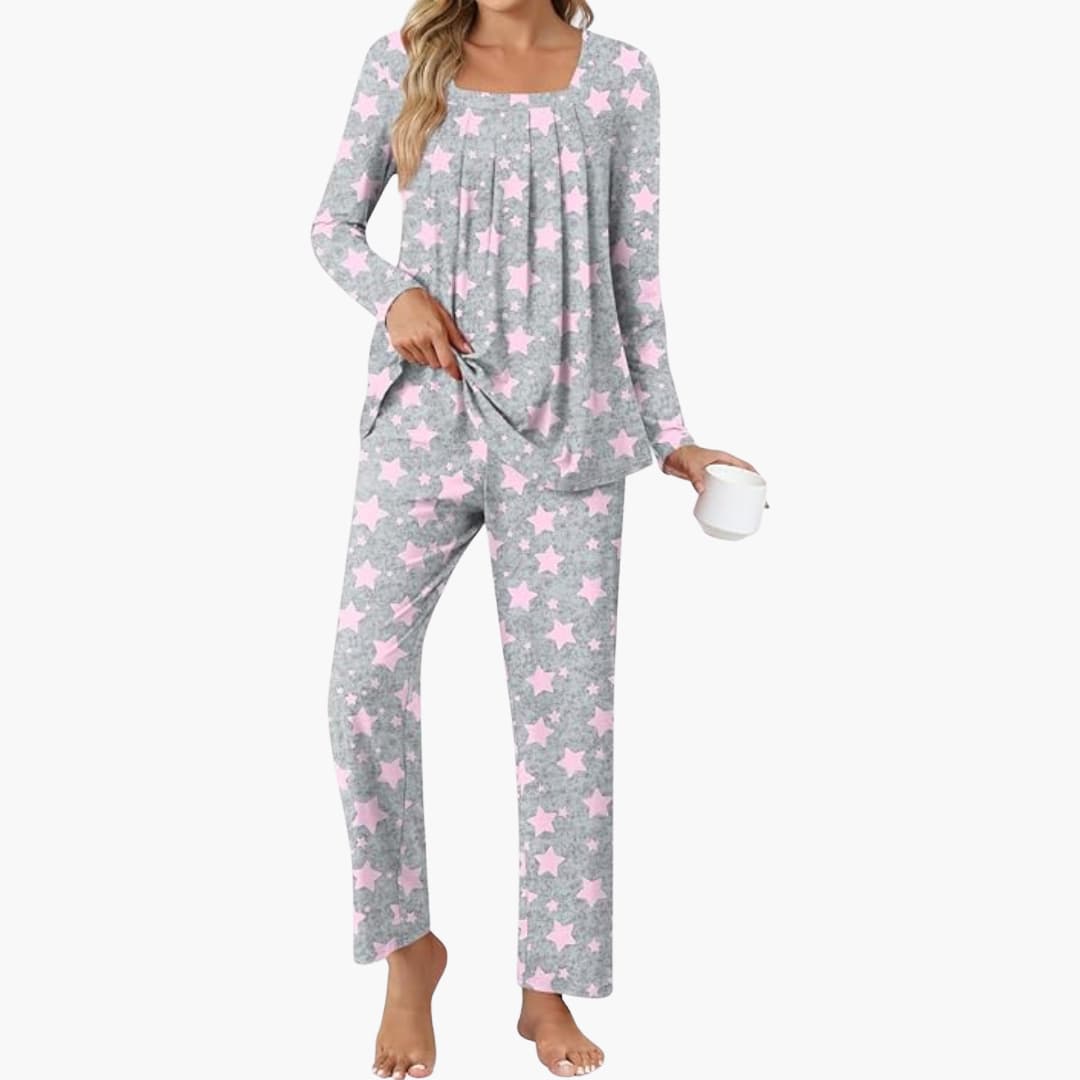 Damen Pyjama Set mit langen Ärmeln und Sternenmuster