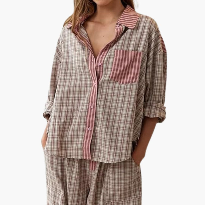 Damen Pyjama Set mit Knopfoberteil und elastischer Hose