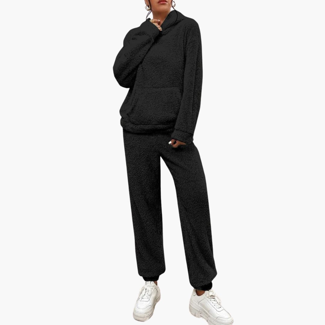 Damen Teddy Hoodie und Hosen Set mit Kängurutasche