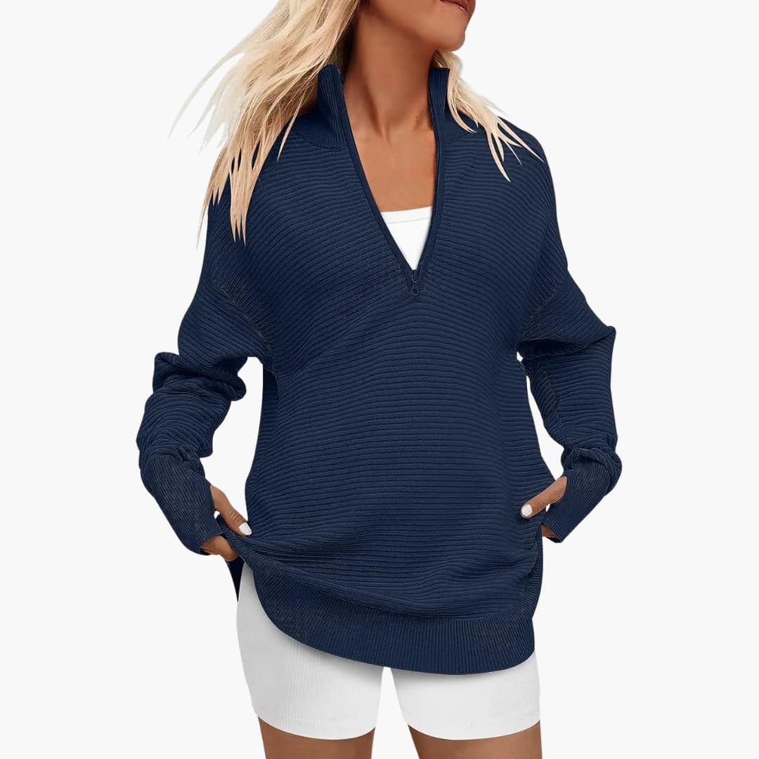 Damen Oversized Pullover mit Stehkragen und Reißverschluss