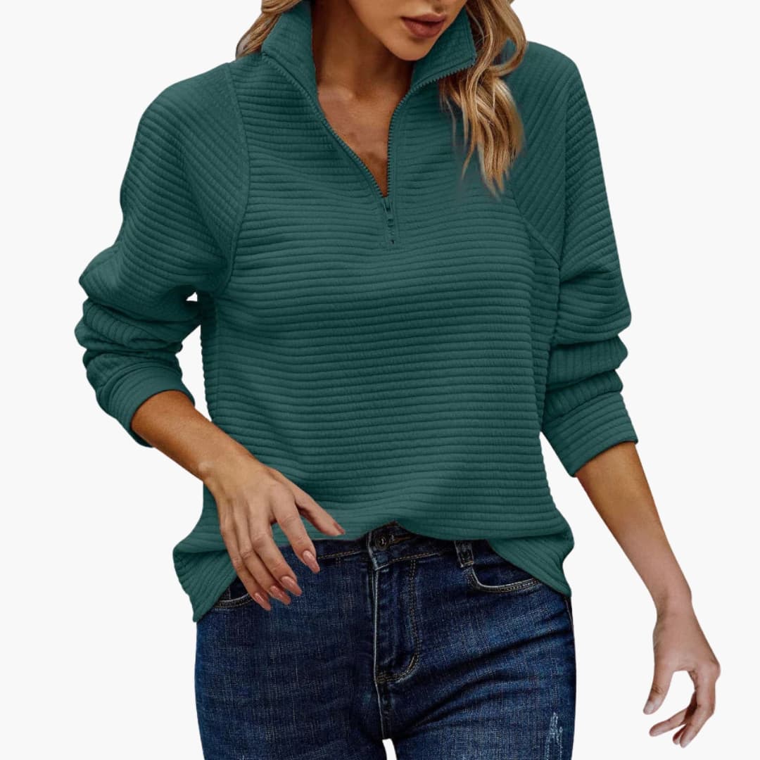 Damen Halbzip Pullover mit Rippstruktur und Stehkragen