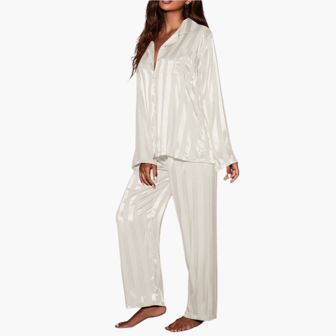 Damen Satin Pyjama Set mit Knopfoberteil und Streifendesign
