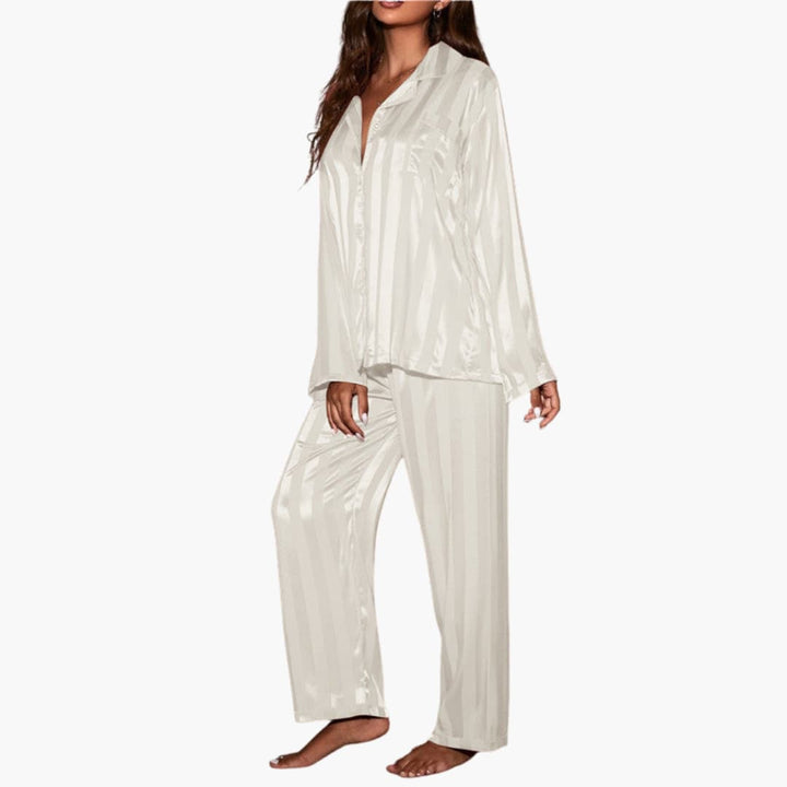 Damen Satin Pyjama Set mit Knopfoberteil und Streifendesign