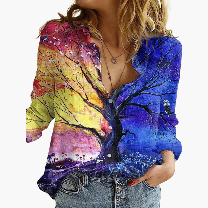 Kunstvoll bedruckte V-Ausschnitt Bluse - Damen Freizeitlook