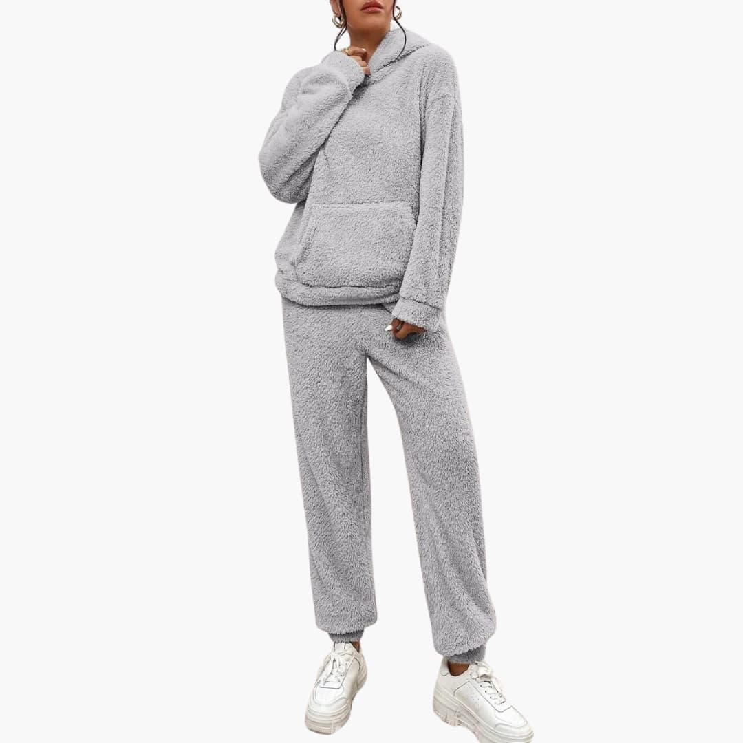 Damen Teddy Hoodie und Hosen Set mit Kängurutasche