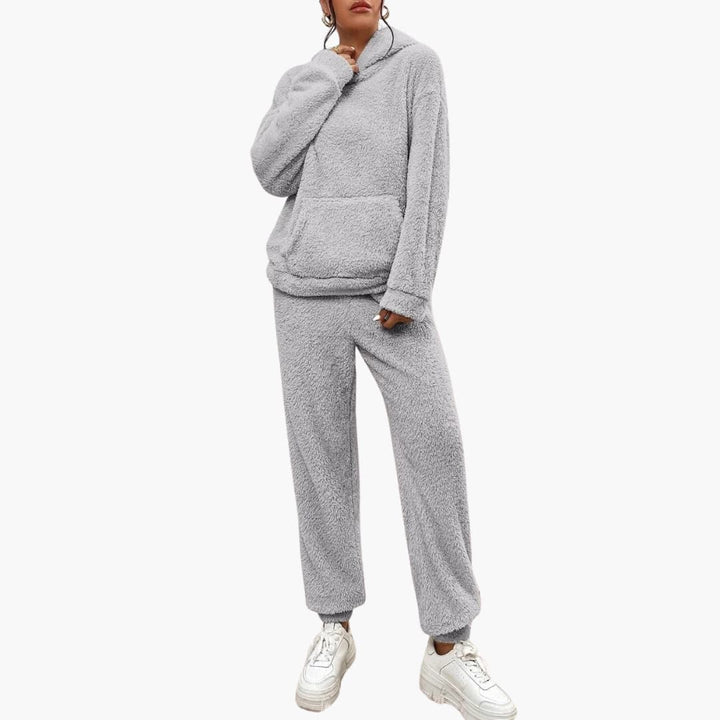Damen Teddy Hoodie und Hosen Set mit Kängurutasche