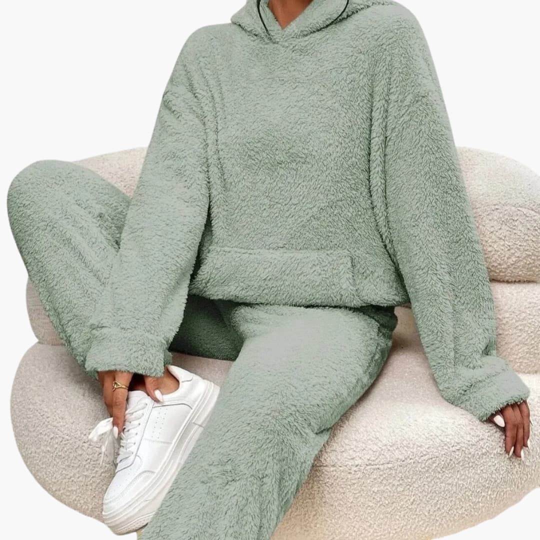 Damen Teddy Hoodie und Hosen Set mit Kängurutasche