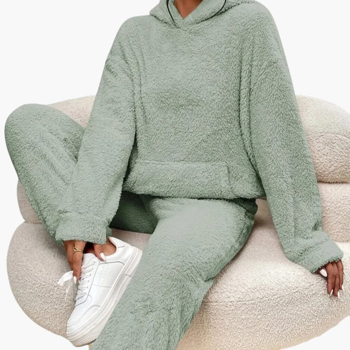 Damen Teddy Hoodie und Hosen Set mit Kängurutasche
