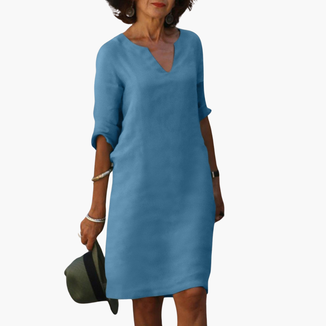 Damen Kleid knielang mit V-Ausschnitt und Dreiviertelärmeln