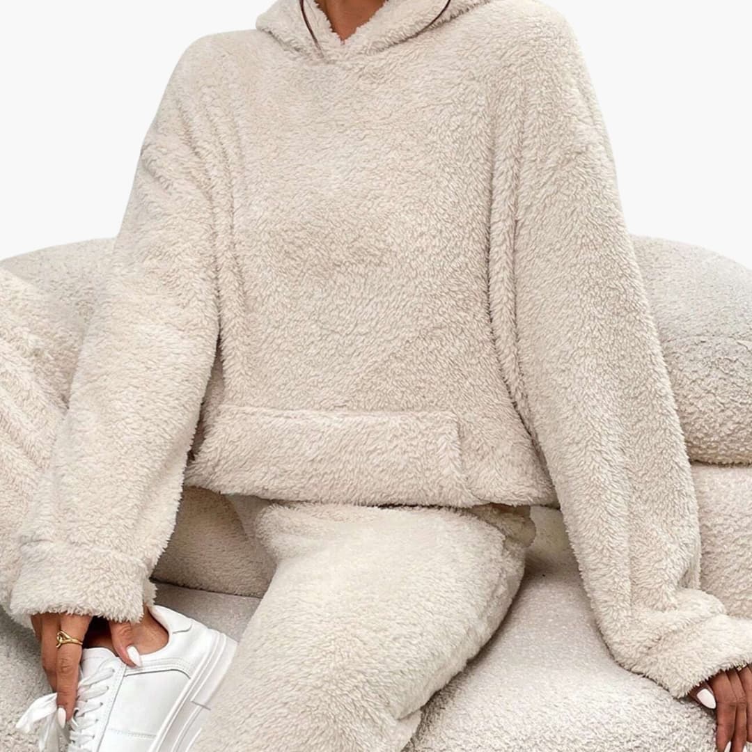 Damen Teddy Hoodie und Hosen Set mit Kängurutasche
