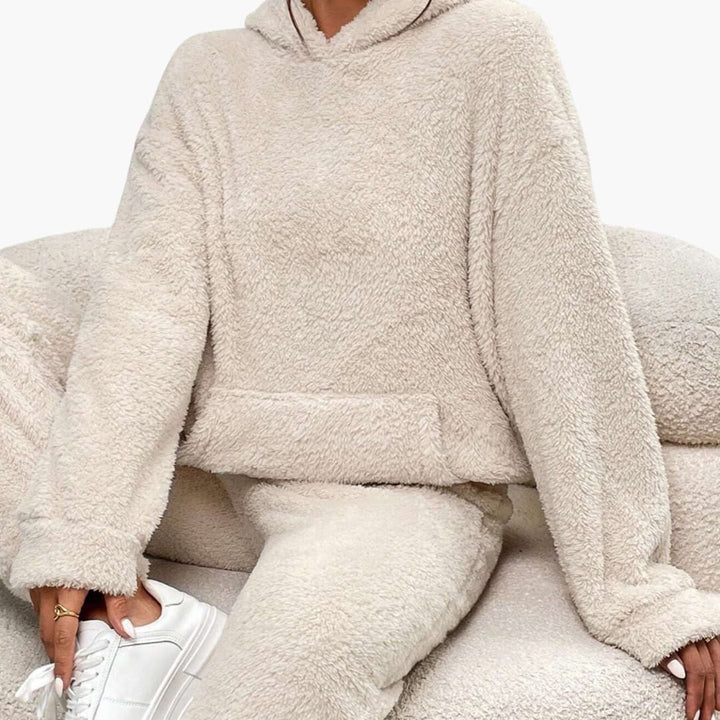 Damen Teddy Hoodie und Hosen Set mit Kängurutasche