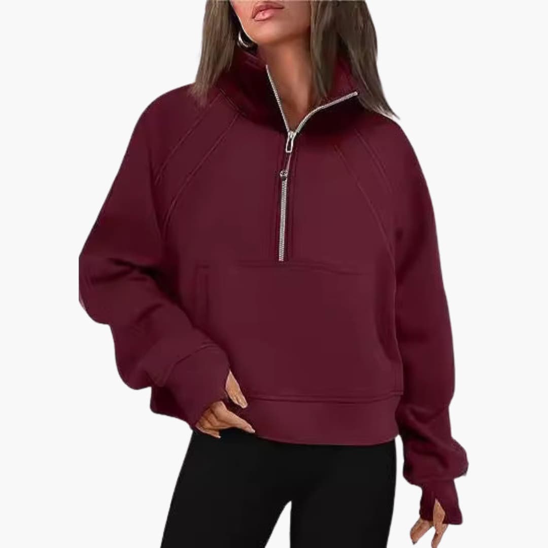 Frauen Zip-Front Pullover mit hohem Kragen und Kängurutasche