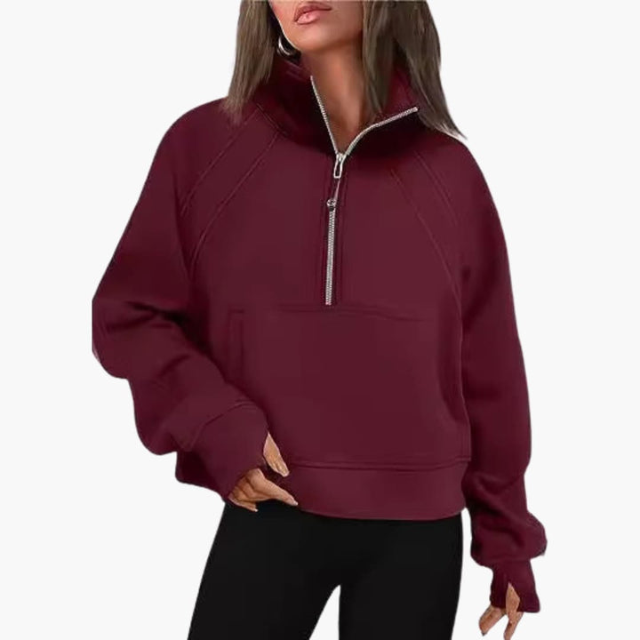 Frauen Zip-Front Pullover mit hohem Kragen und Kängurutasche