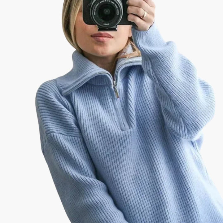 Damenpullover mit Reißverschluss-Ausschnitt und gerippter Oberfläche