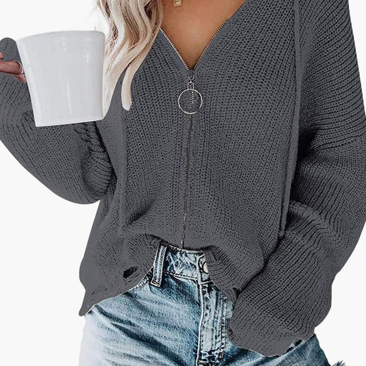 Damen Pullover mit V Ausschnitt und Reißverschluss