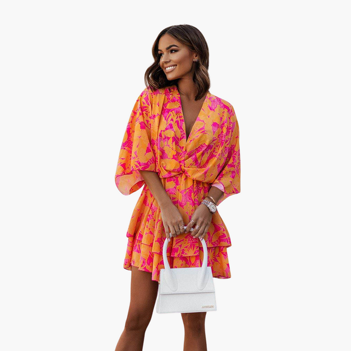 Damen Blumenkleid mit Rüschen – V-Ausschnitt Sommerkleid