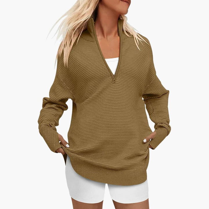 Damen Oversized Pullover mit Stehkragen und Reißverschluss