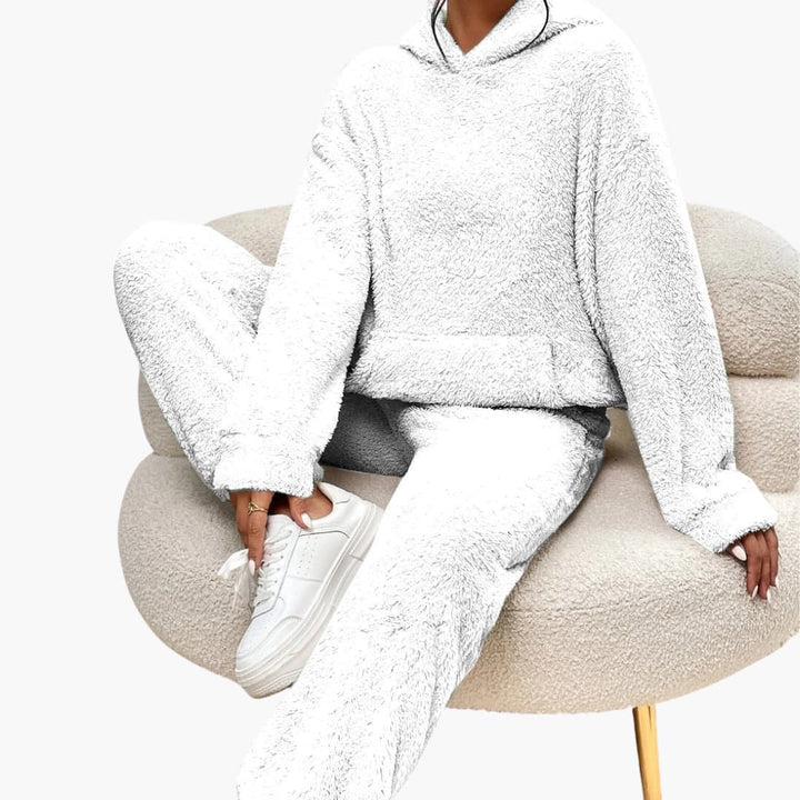 Damen Teddy Hoodie und Hosen Set mit Kängurutasche