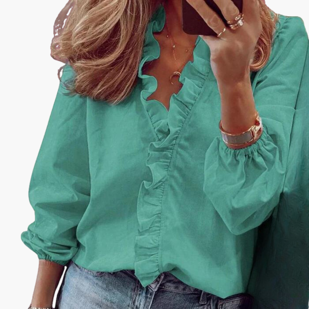Damen Bluse mit Rüschen – V-Ausschnitt und Langarm