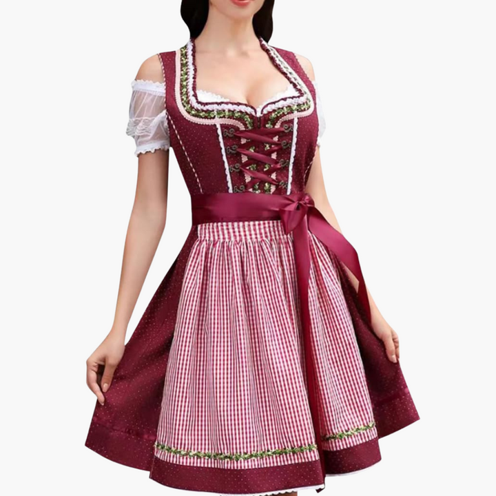 Damen Dirndlkleid mit Schürze und Spitzenbluse