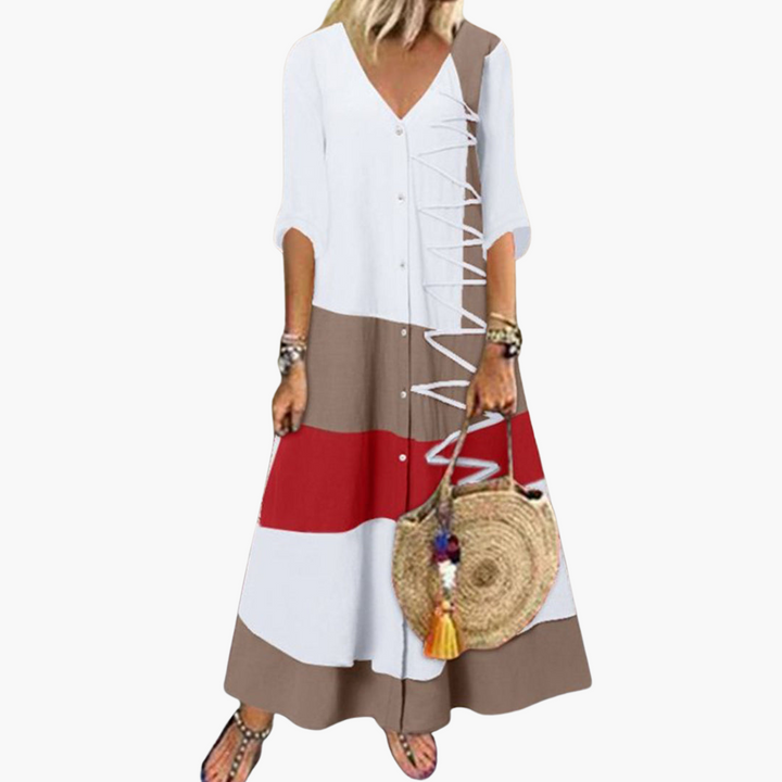 Langes Strickkleid für Frauen - V-Ausschnitt, Seitenbänder