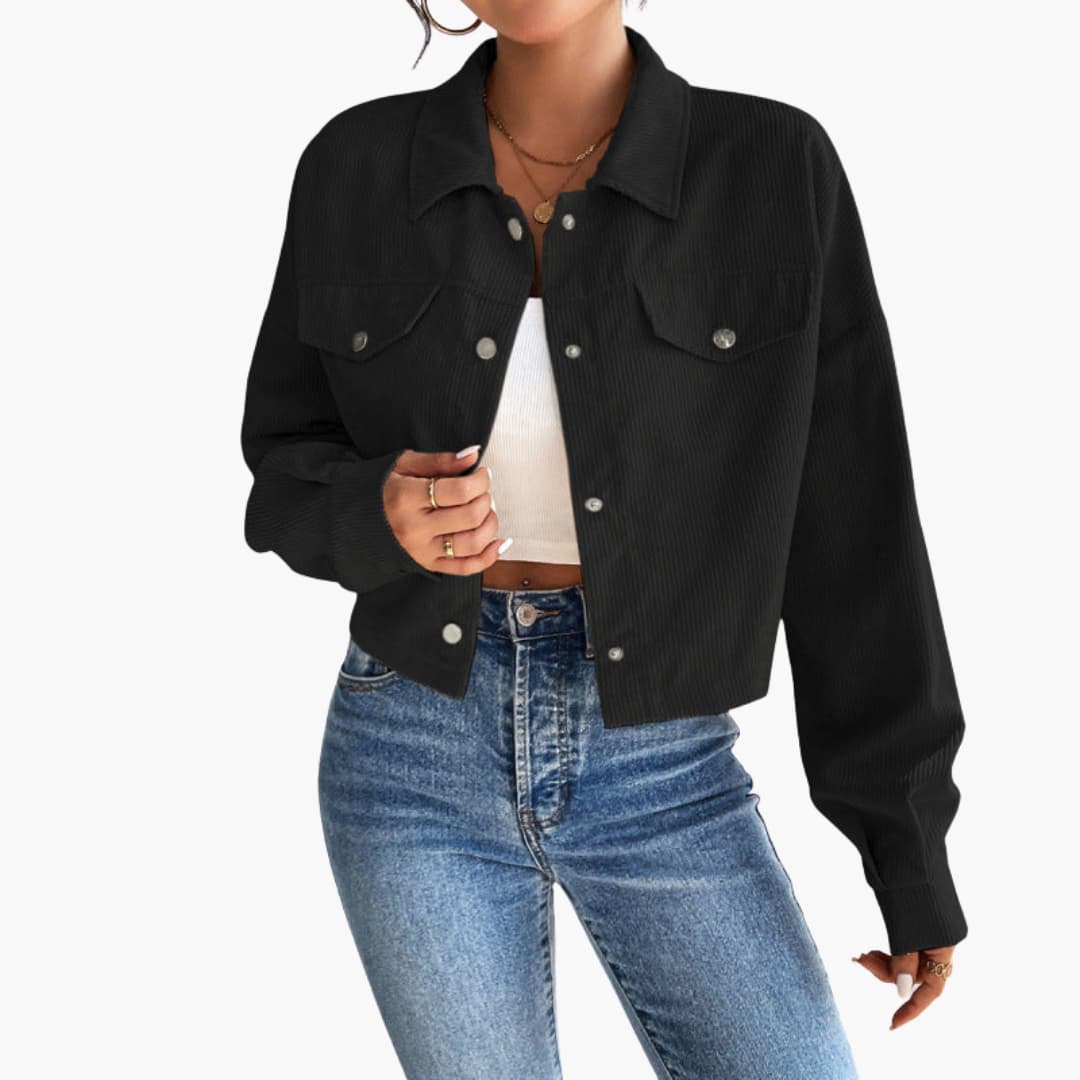 Damen Cropped Cordjacke mit Druckknöpfen