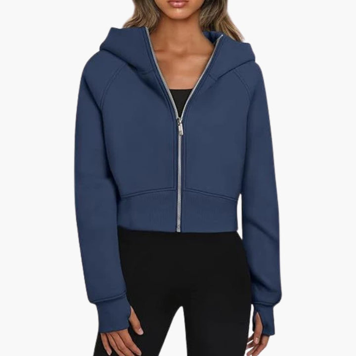 Damen Cropped Hoodie mit Reißverschluss und elastischem Bund