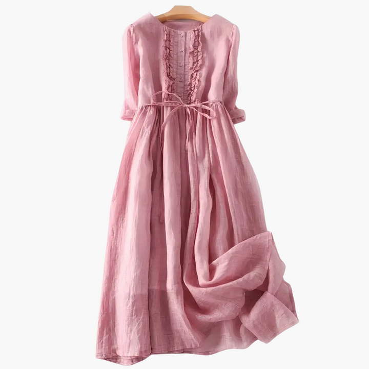 Elegantes langes Kleid für Frauen - Knopfleiste und Bindegürtel