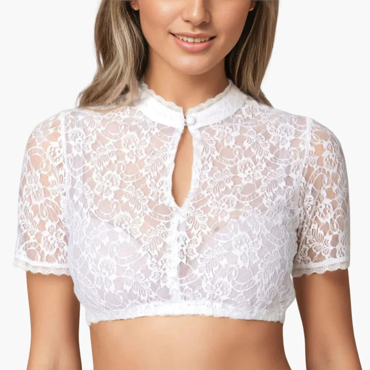 Damen Kurzarm Dirndlbluse aus Spitze mit hohem Kragen und Knopfleiste