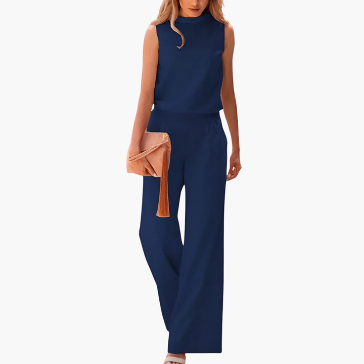 Ärmelloser Damen Jumpsuit mit hohem Kragen und weitem Bein