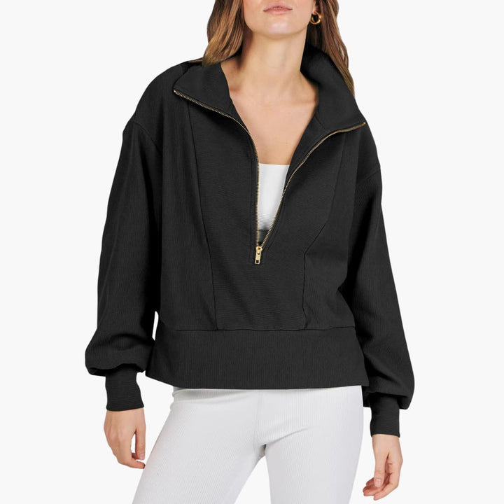 Frauen Zip-Front Pullover mit hohem Kragen und gerippter Oberfläche