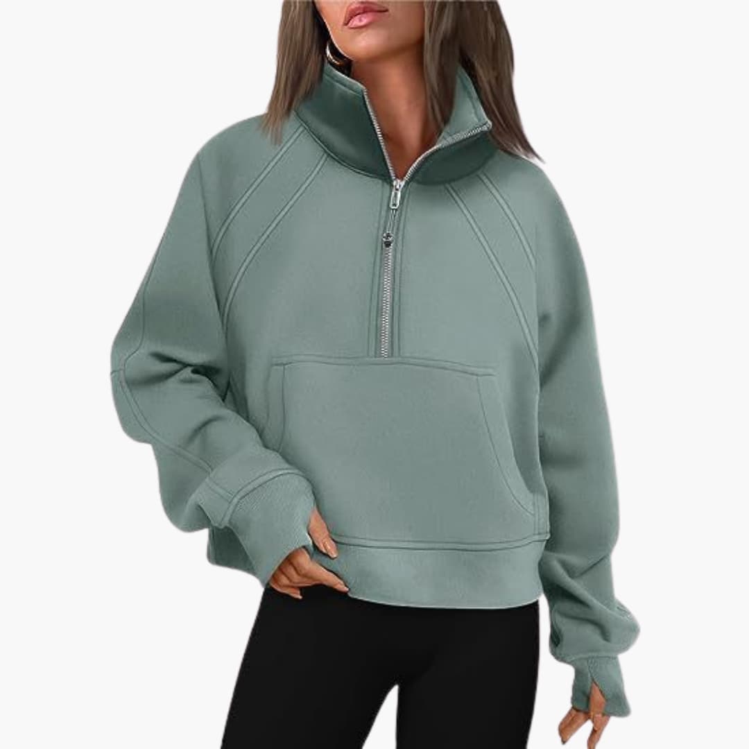 Frauen Zip-Front Pullover mit hohem Kragen und Kängurutasche
