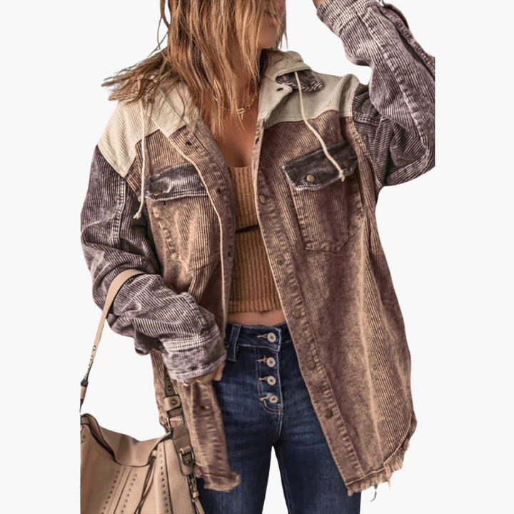 Damen Cord Jacke mit Kapuze und Druckknöpfen