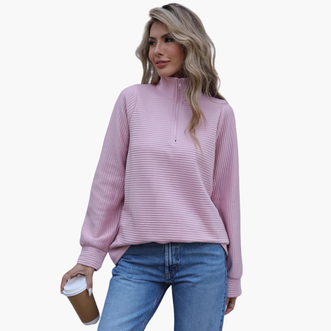 Frauen Pullover mit halbem Reißverschluss und gerippter Textur, lockere Passform