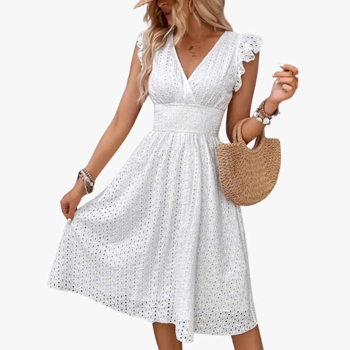 Weißes Spitzenkleid für Frauen – Sommerkleid mit V-Ausschnitt