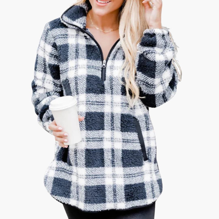 Damen Fleece Pullover mit Reißverschluss und Kariert Muster
