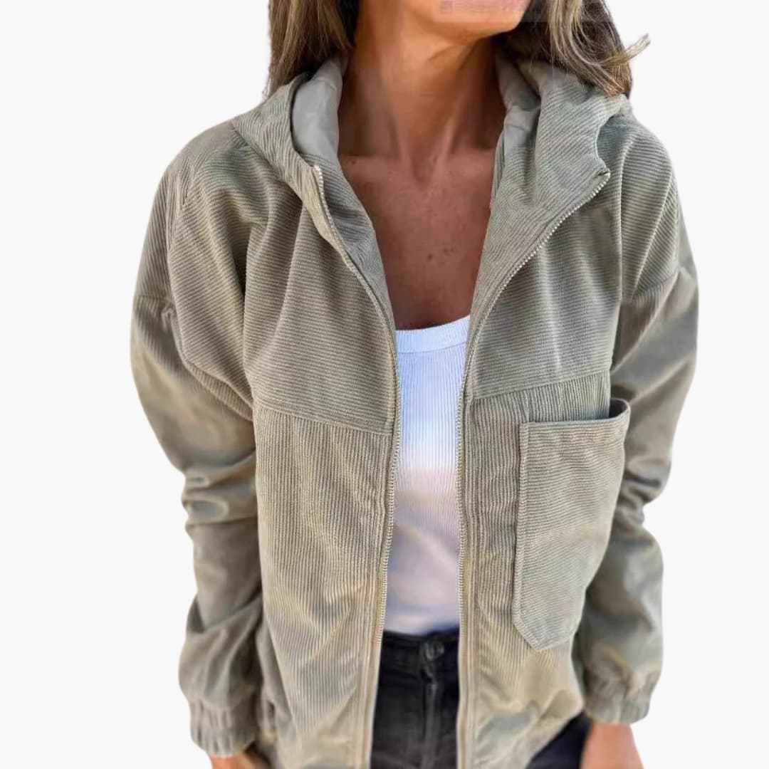 Damen Cord Kapuzenjacke mit Reißverschluss und aufgesetzter Tasche