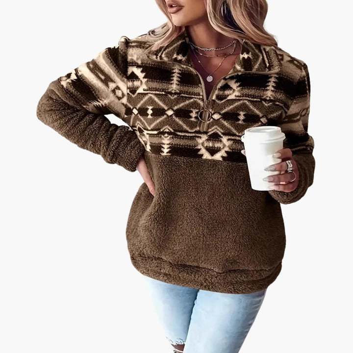 Damen Fleece Pullover mit Stehkragen und Muster