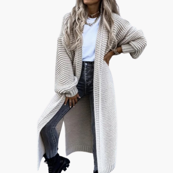 Damen Strickjacke lang mit offenem Vorderteil und gerippten Bündchen