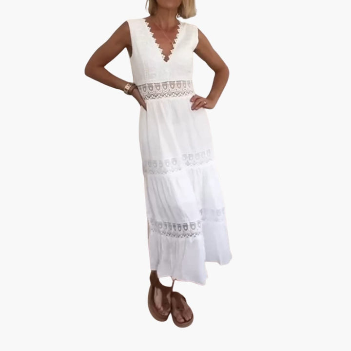 Damen Spitzenkleid ohne Ärmel mit V-Rücken und Stufenrock