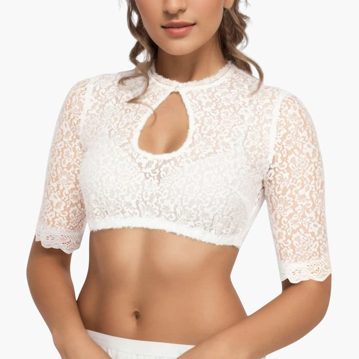 Damen Kurzarm Dirndlbluse aus Spitze mit hohem Kragen und Knopfleiste