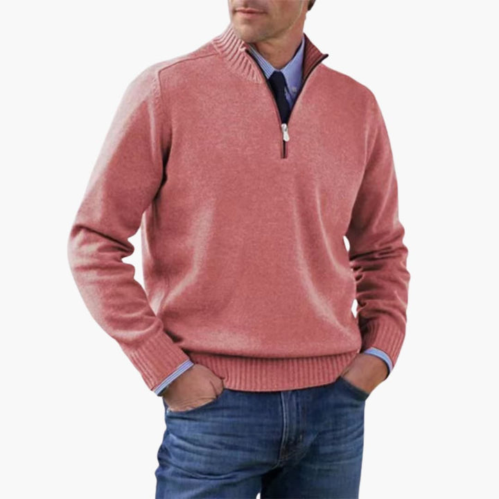 Herren pullover mit halbem Reißverschluss und geripptem Saum
