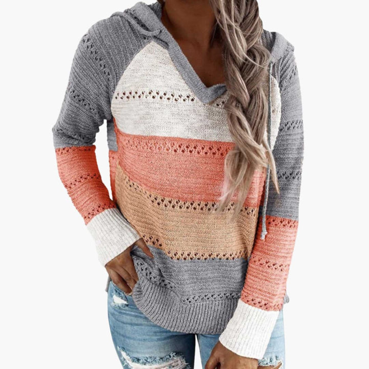 Damen Kapuzen pullover mit V-Ausschnitt und gestreifter Oberfläche