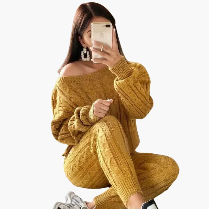 Damen Strickset mit langen Ärmeln und elastischem Bundc