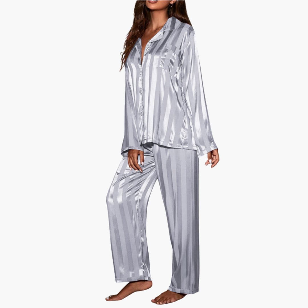 Damen Satin Pyjama Set mit Knopfoberteil und Streifendesign